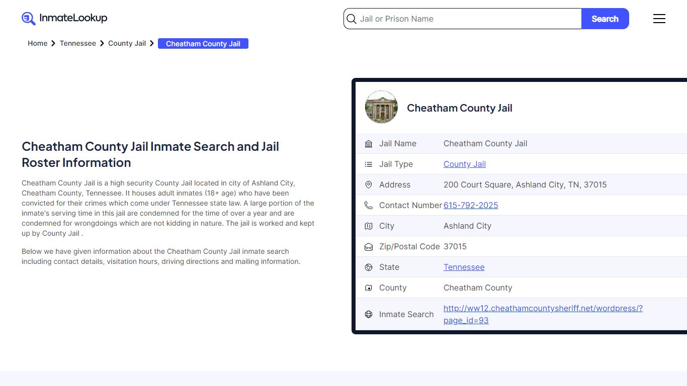 Cheatham County Jail Inmate Search - Ashland City Tennessee - Inmate Lookup